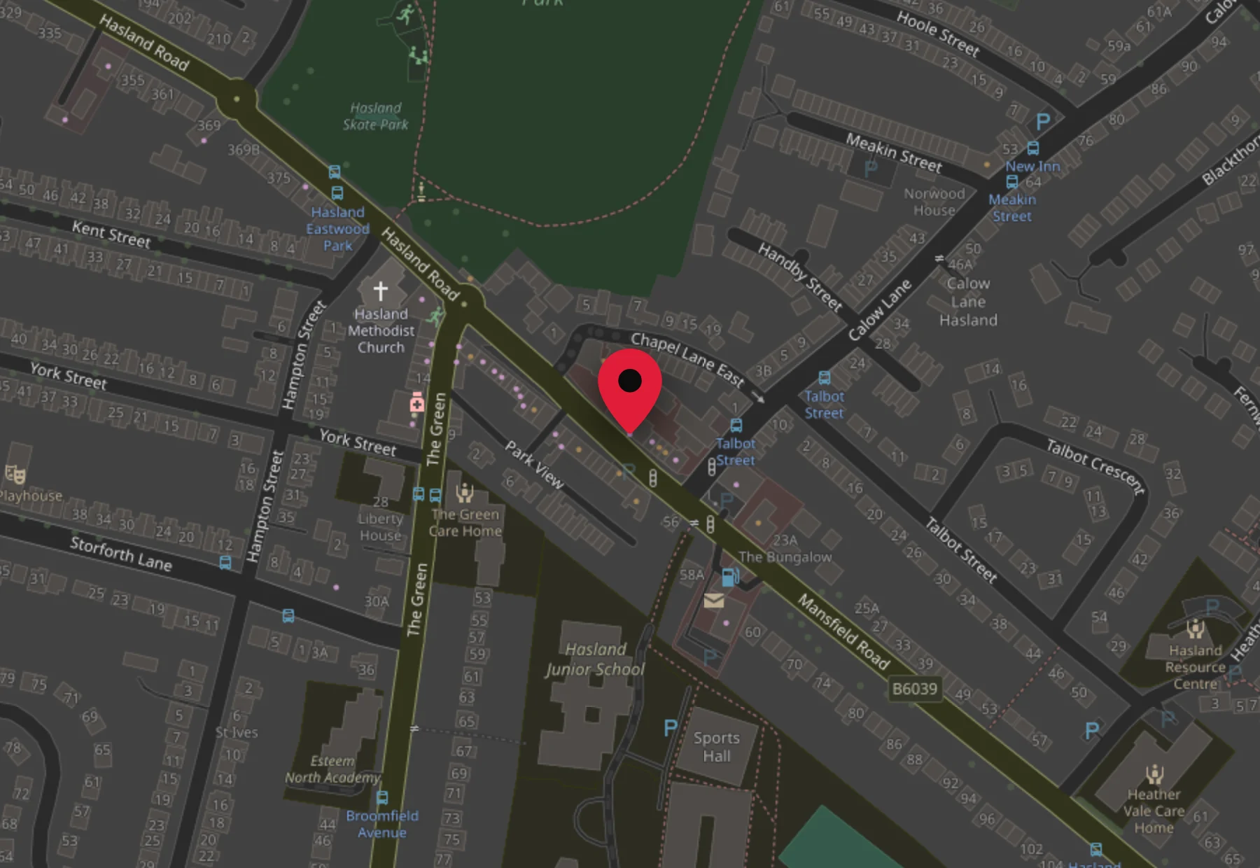 Map of Hasland showing Pro-Cutz on Mansfield Road, near the junction with Chapel Lane East